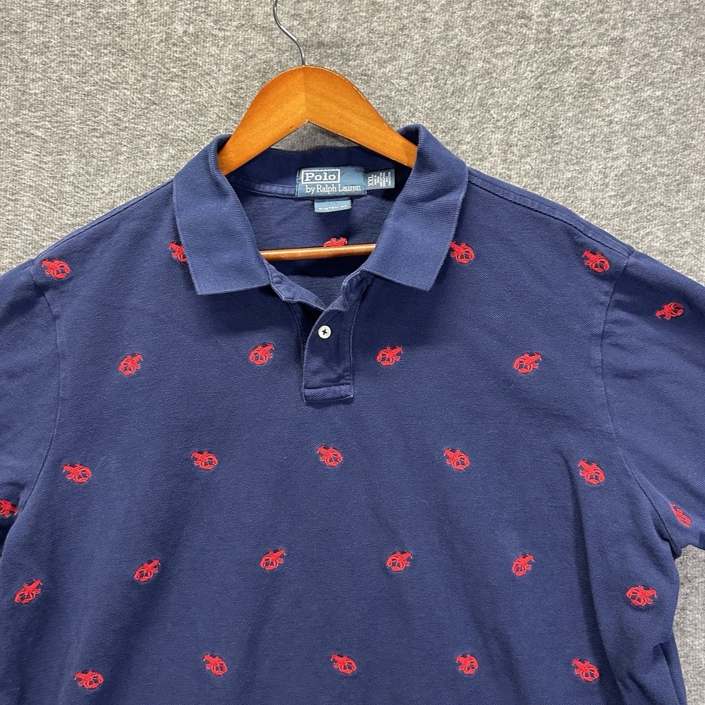 Polo Ralph Lauren Mens Polo Shirt 2XL Blue Lobster Print Logo Custom Fit‎